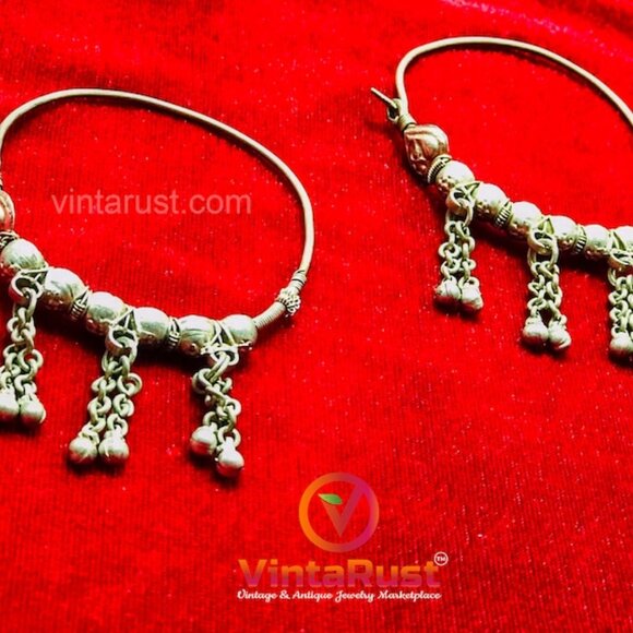 Big Vintage Hoop Earrings With Bells, Tribal Antique Boho Jewelry - Picture 4 of 7